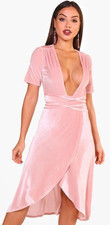 Boohoo Velvet Skater Dress Angel Splt Sleeve Plunge 12 Uk BNWT RRP £28.99 Rose