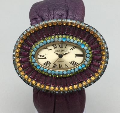 Heidi Daus Watch 45mm Womens Purple Leather Strap Crystal Oval Face New Battery