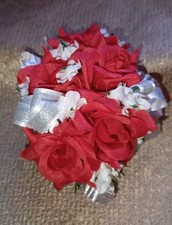 NEW 4" Long Artificial 5 Red Rose Wrist Corsage With Sparkly Silver Bow/Leaves