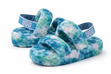 UGG Oh Yeah Slides Women  s Size 8 Aquatic Blue Marble Fur Slippers NEW