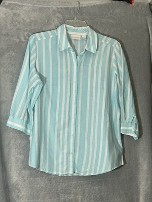 Chico s 1 Aqua White Striped Button Front Cotton Silk Shirt 3/4 Sleeve Blouse