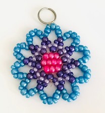 Handmade Beaded Key Fob Keychain Large 4" Easy to Find Vintage Blue Purple Beads