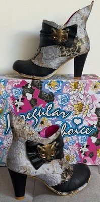 Irregular Choice Miaow Stiefel Stiefeletten Schwarz Silber Gold Blumen Katze EU38 Neu mit Karton
