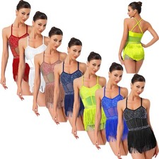 Womens Dancewear Glittery Bodysuit Sleeveless Dress Carnival Tango Dance Latin