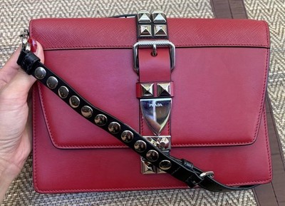 Prada 1BD120  Red/black Color City Calf+Saffiano Leather