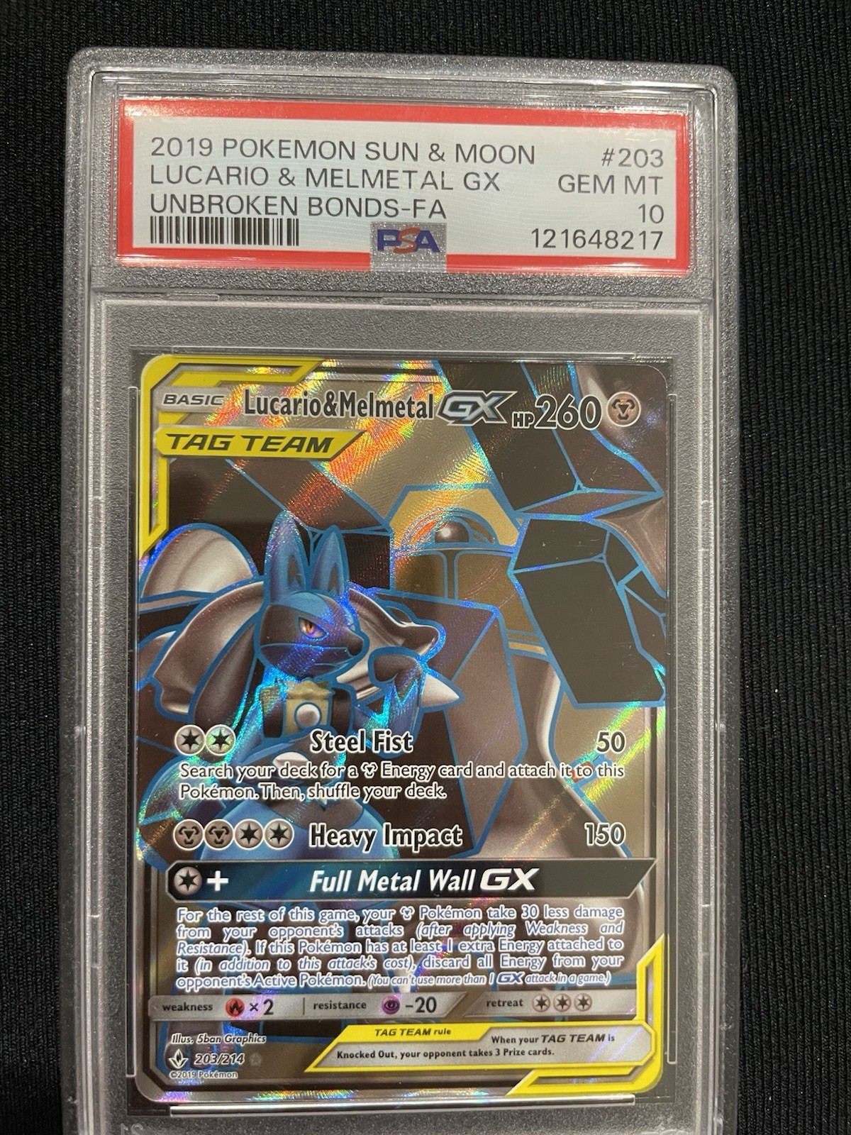 2019 POKEMON SUN & MOON LUCARIO & MELMETAL GX UNBROKEN BONDS #203 PSA 10 FA