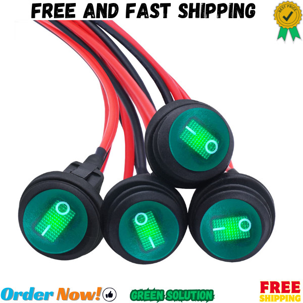 4Pcs 12V Waterproof Rocker Switch with Green LED Light and Detachable Wires