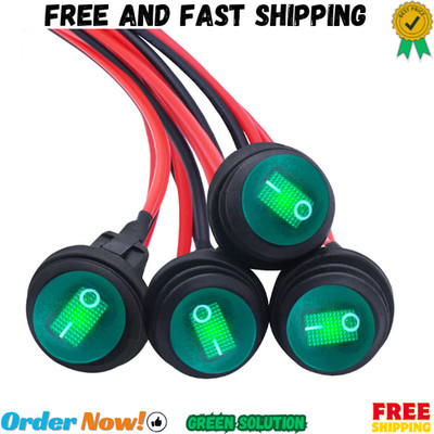 4Pcs 12V Waterproof Rocker Switch with Green LED Light and Detachable Wires