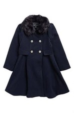 Rothschild Little Girls Hooded Pea Coat Sz 7/8 S Navy Blue Pleated Faux Fur, 7/8