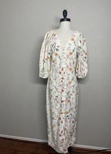 H&M Cotton Pink Floral Button Front Puff Sleeve Maxi Dress V-Neck Size S