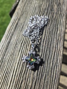 Swavarski Crystal AB Cross Pendant Necklace Silver Tone Maltese Cross Rainbow