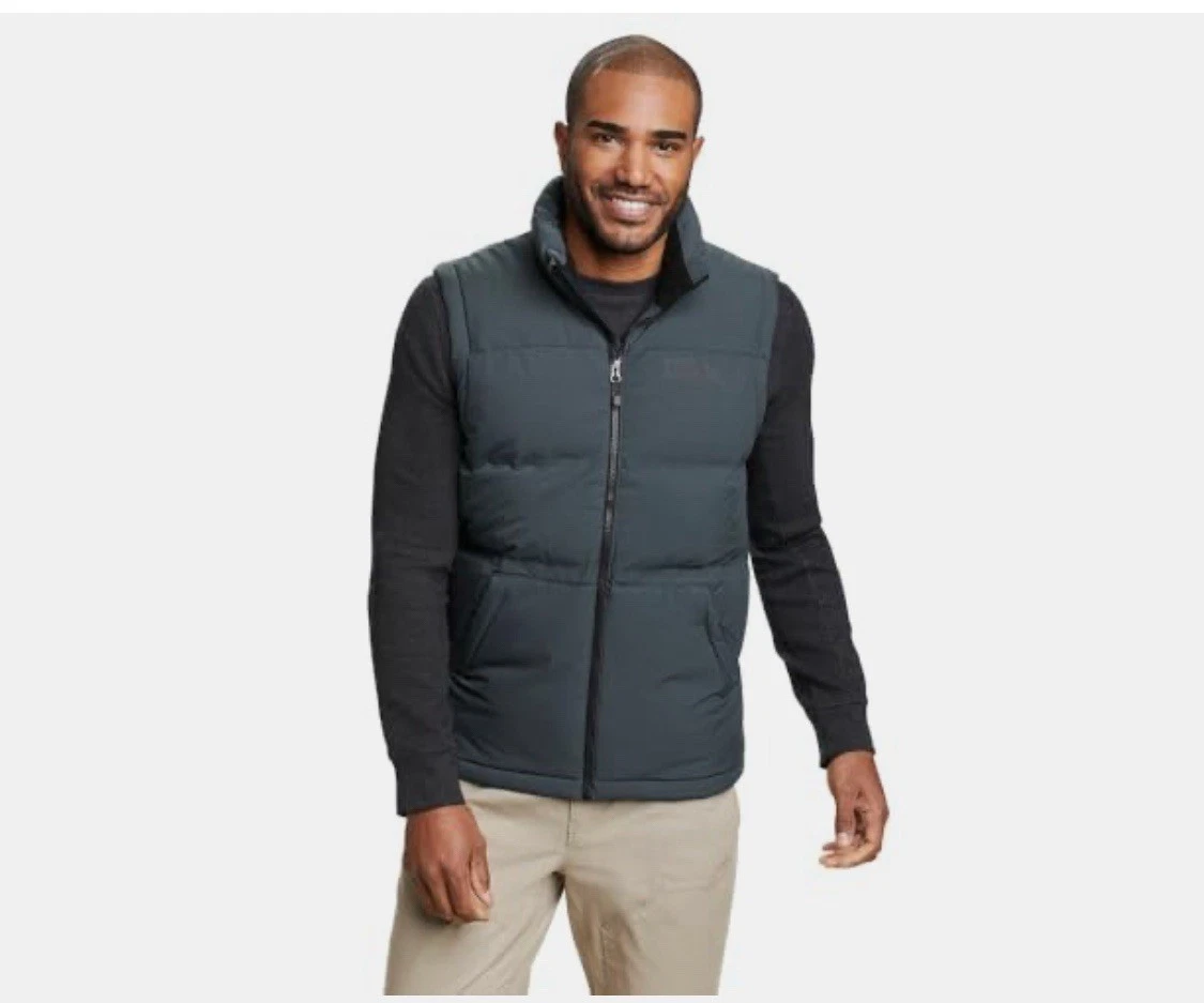 Eddie Bauer Down 550 Fill Power Goose Grey Zip-Up Puffer Vest Ripstop Sz XL