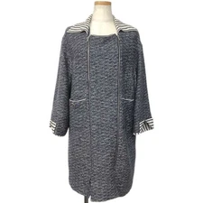 CHANEL Coat Cotton Acrylic Navy White #40 P56027V35672 M9571 Zipper Long Length 