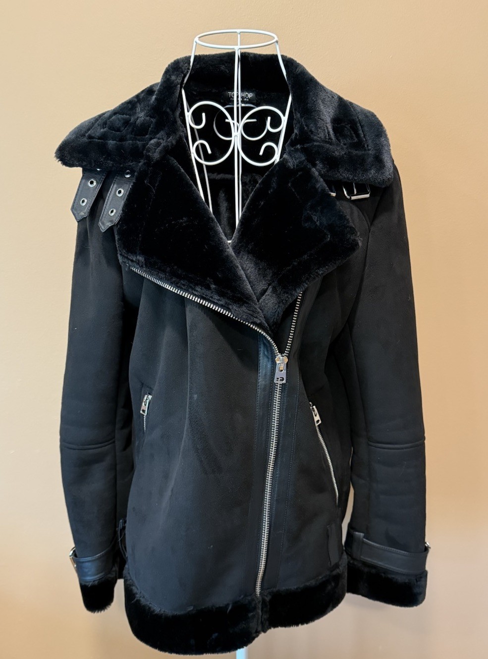 Topshop Women’s Black Faux Suede Faux Fur Moto Aviator Jacket 8 EUC Winter Luxe