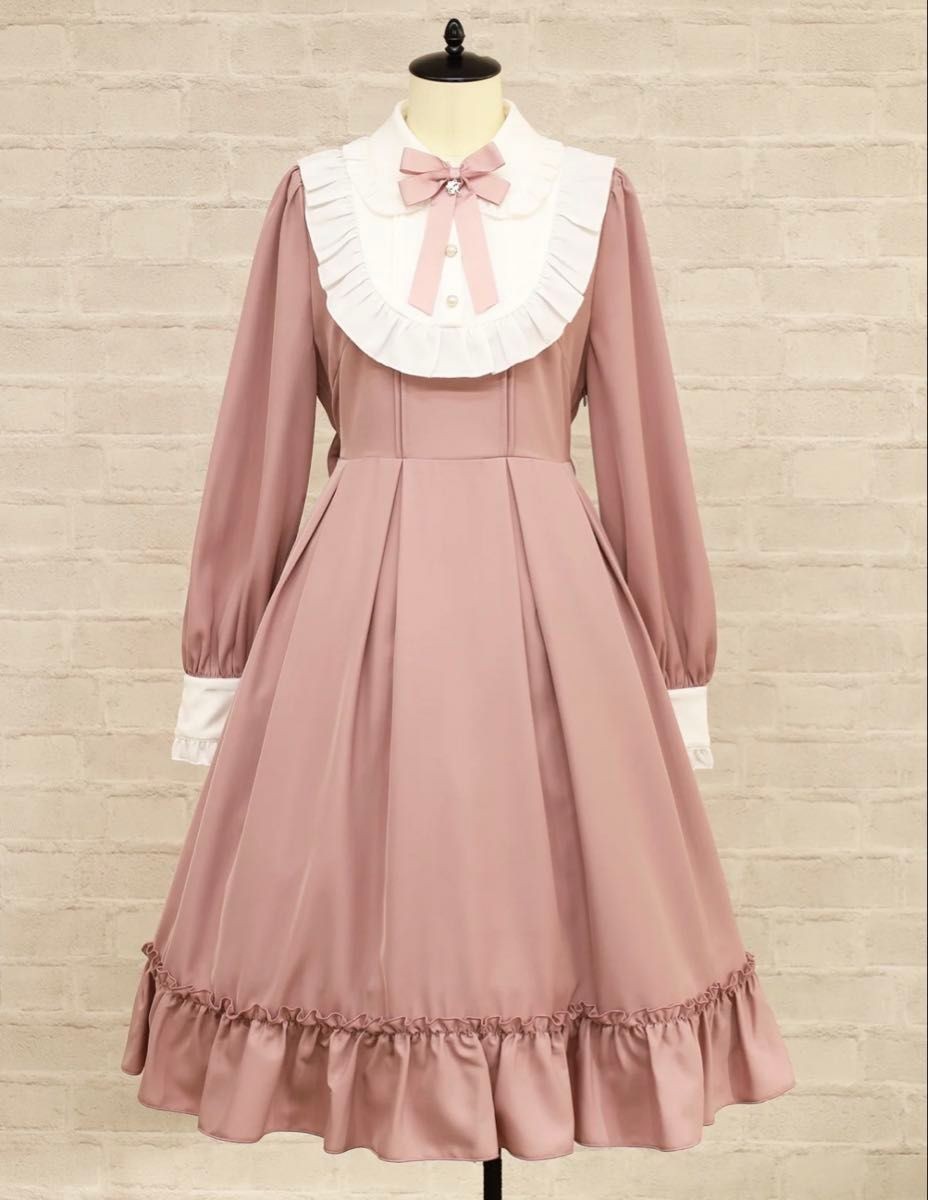 Amavel Classical Lady Pink Long Dress Round Yoke Frill Contrast Collar Free  Size | eBay