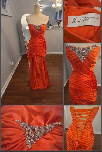 Mori Lee Formal Evening dress, Vibrant Orange Color, Size S/M adjustable corset