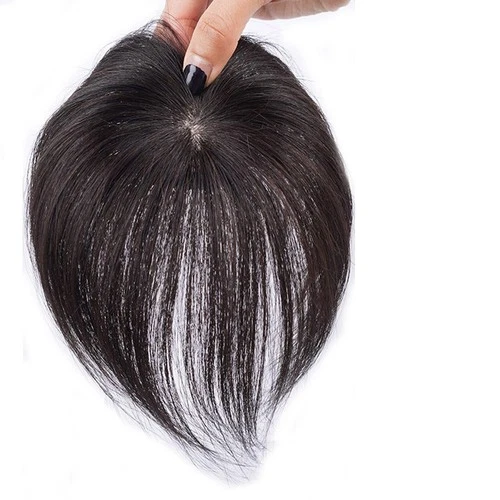 Black straight hair wiglet pieces with layered light strands, held by hand against a plain white background.