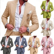 Linen Men Suits Sets 2pcs Single Breasted Groom Wedding Slim Fit Notch Lapel