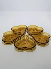 Vintage Indiana Glass Single Portion Heart  Amber Glass Sauce Dipping Bowl Set 