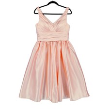 Azazie Fit Flare Dress sz 2-4 Peach Pink Satin V-Neck Formal Party Cocktail Prom