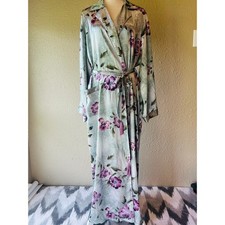 Valerie Stevens Satin Floral Robe L Green Purple Long Wrap Belted Lounge Sleep