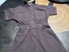 ZARA ROMPER WOMENS XS STITCHED COTTON BROWN DENIM CINCHED WAIST FESTIVAL