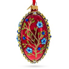Blue Bejeweled Flowers on Red Glass Egg Ornament 4 Inches