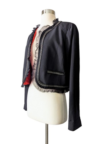 DYLAN & ROSE Jacket Bolero Shrug Stretch Black Red Chain Accent Silk Trim Sz 6 - Picture 3 of 6