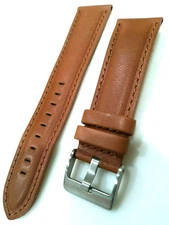 Caramel Lt Brown Padded Genuine Oil Leather 22mm Watch Band Satin Nickel Buckle