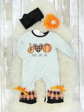 HALLOWEEN OR THANKSGIVING NWT PEACE, LOVE, FALL PUMPKIN RUFFLE ROMPER - 3/6 MOS.