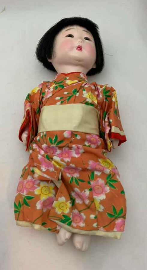 Bisque Japanese Doll with Orange Kimono
