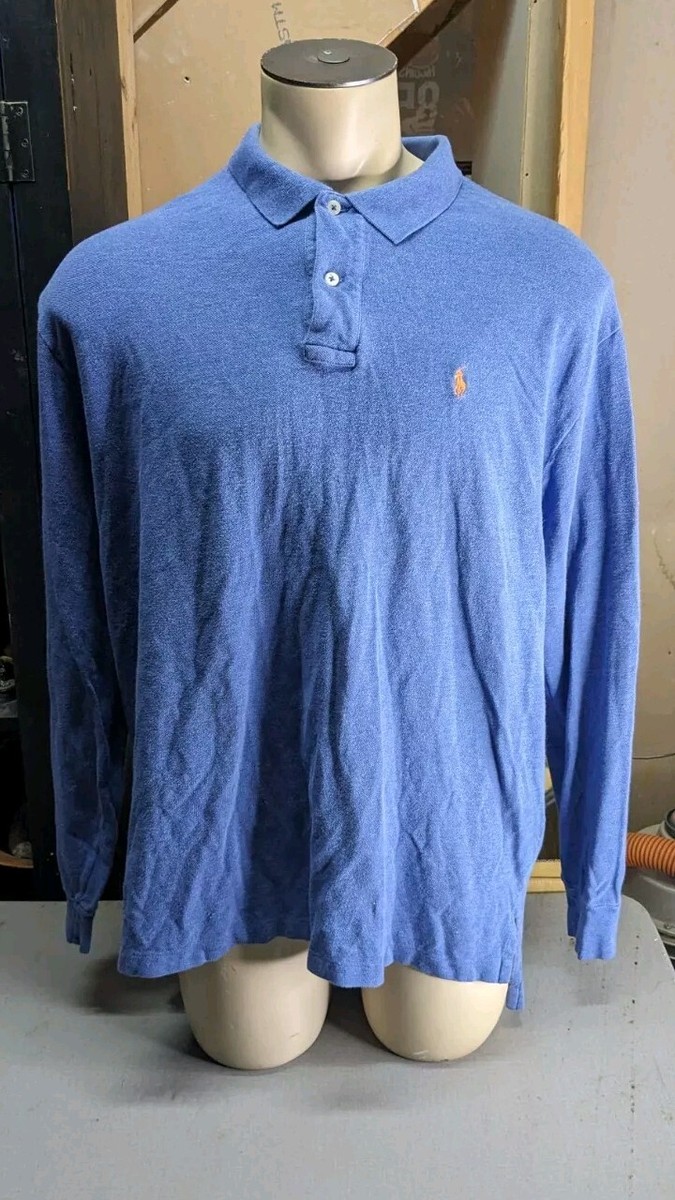 Polo Ralph Lauren 2XL Solid Blue Long Sleeve Button-Up Men's Polo