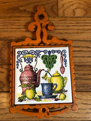 Vintage Cast Iron Orange Tile Trivet Coffee Teapot Design Cherry Made In Japan 