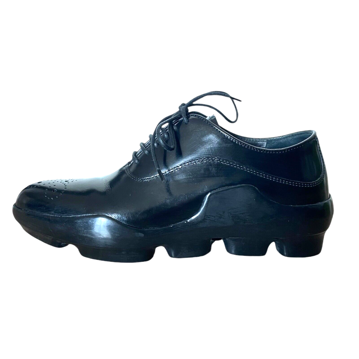 PRADA Black Shiny Leather Full Brogue Oxford Shoes, Size 36