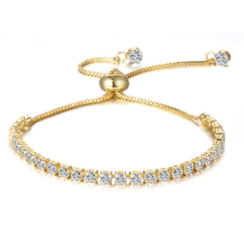 Crystals By Swarovski Slider Tennis Bracelet 14K Gold Overlay Up to 10 Inches  - Afbeelding 1 van 1