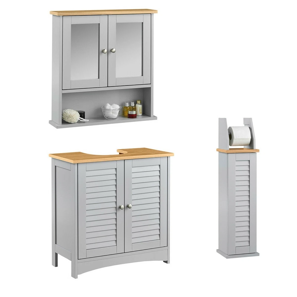 Grey Bathroom Furniture 3 Piece Set Mirrored Cabinet Cupboard