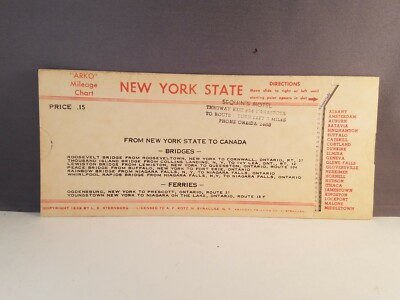 1939 ARKO MILEAGE CHART NEW YORK STATE SEQUINS MOTEL ONEIDA N.Y.