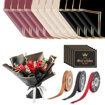 60 Set Floral Wrapping Paper Waterproof Bouquet Supplies with Ribbon and Cards