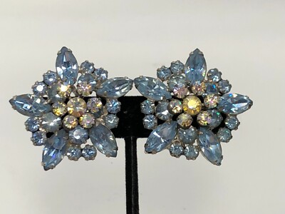 Vintage Blue and Aurora Borealis Rhinestone Silver Tone Clip Earrings, MCM 1950s