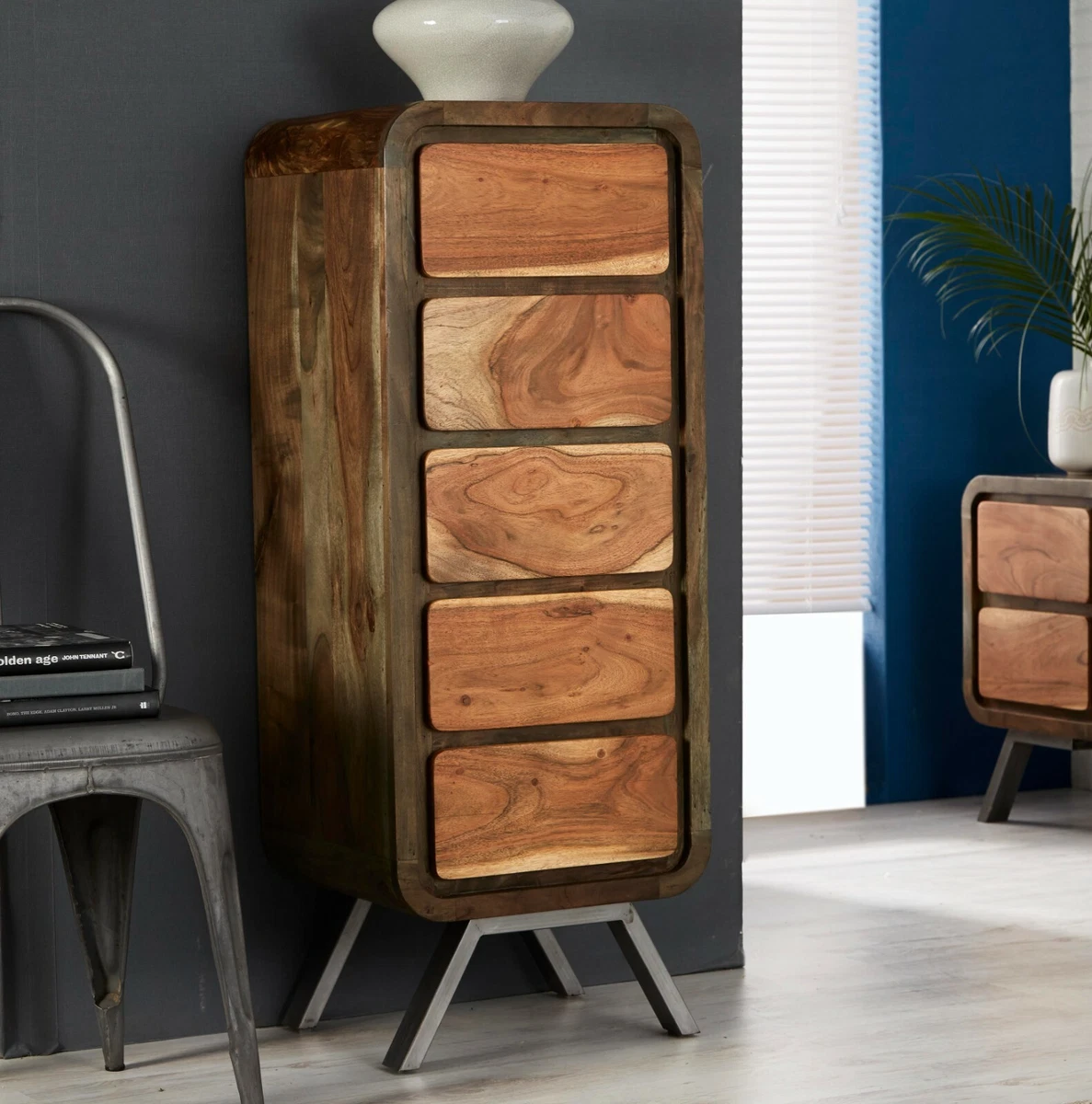 Retro Design Solid Acacia Wood Metal Legs 5 Drawers Tallboy Chest Furniture