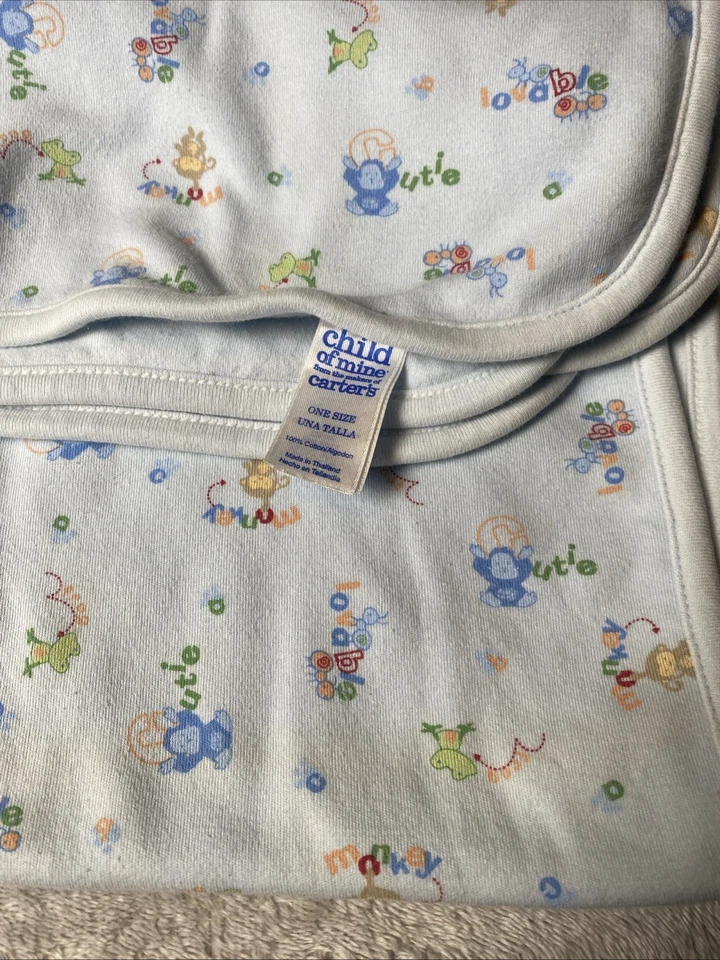 Manta de bebé Carter's Blue Child of Mine adorable Cutie ABC mono rana hormiga insecto Foto 4 de 4