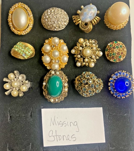 Vintage Estate Costume Jewelry Cocktail Ring Lot of 10 Missing Stones For Repair
