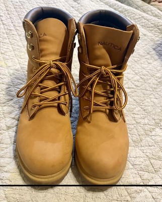 Nautica Mens Wheat Tan Work Boots Lace Up Padded Collar Lug Sole