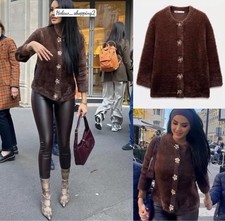 ZARA NEW WOMAN FUZZY KNIT CARDIGAN JACKET BROWN GEM BUTTONS size M. 5755/119