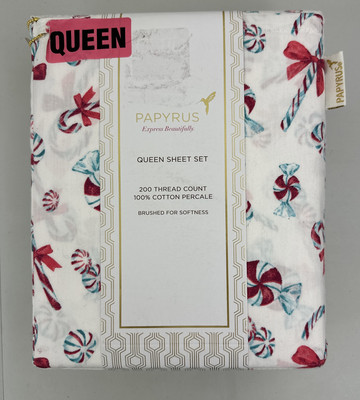 Papyrus Queen Sheet Set Christmas Peppermint Candy 100% Percale Cotton Soft New
