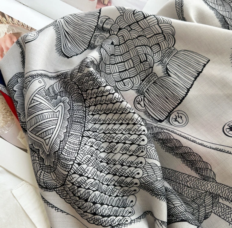70% Cashmere 30% Silk Wrap Scarf Double Face Print Shawl 53'' Gray horse Print - Image 4 of 4