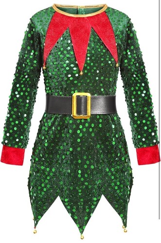 Elf Costume for Kids Red & Green sequens & velvet Santa Helper for Girls XL ZZ - Picture 2 of 4