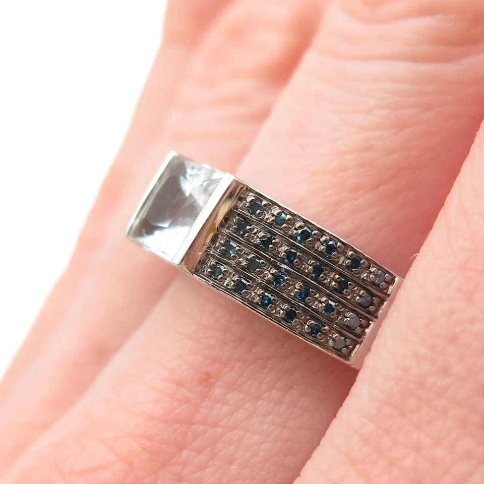 Anillo de plata de ley 925 con diamantes azules reales y aguamarina talla 11 Foto 2 de 4