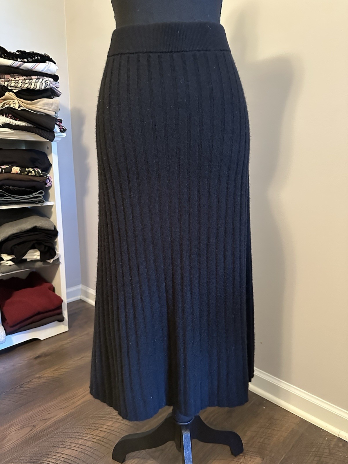 Quince Cashmere Knit A-Line Midi Skirt, Elastic Waist, Black - Size L