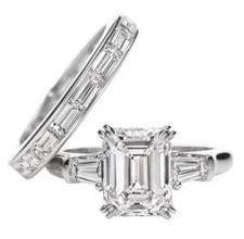 935 Argentium Silver 3Ctw Moissanite Emerald Baguette Wedding Set LIFETIME WARR
